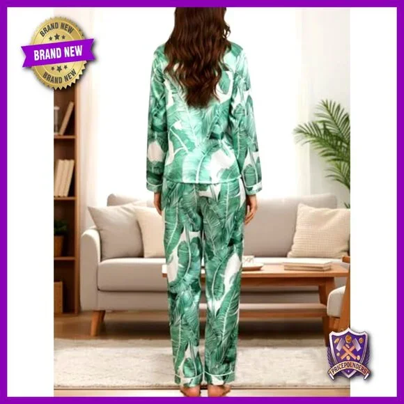 Silk Satin Pajama Set Long Sleeve Button Down Sleepwear Lounge 2 Piece